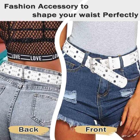 Grommet Leather Belts PU Leather Black Belt for Women Double Holes Belt for Men in Kuwait