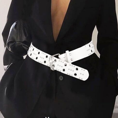Grommet Leather Belts PU Leather Black Belt for Women Double Holes Belt for Men in Kuwait