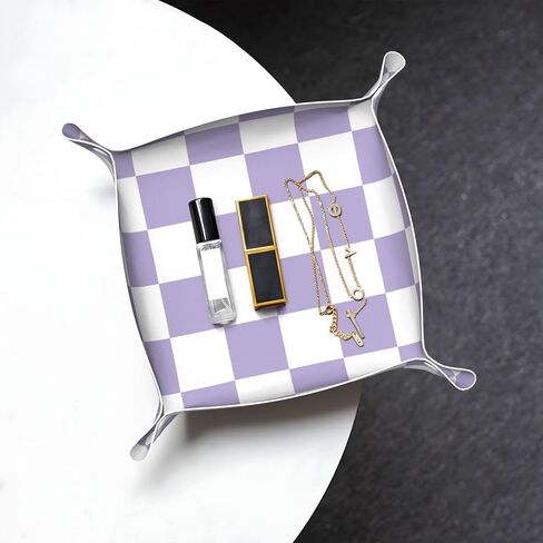 Ralxion Checkered Jewelry Tray, Purple PU Leather Cute Aesthetic Checkered Room Decor Preppy Accessories for Teen Girls Women, 8 Inches in Saudi Arabia