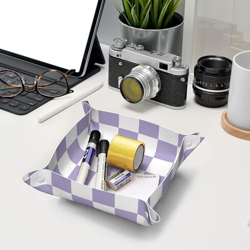 Ralxion Checkered Jewelry Tray, Purple PU Leather Cute Aesthetic Checkered Room Decor Preppy Accessories for Teen Girls Women, 8 Inches in Saudi Arabia