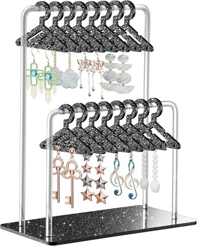 NiHome Glitter Acrylic Earring Holder with Unique Double-Tiered Design, Miniature Clothing Hangers with Spacious Storage for 48 Pairs, Mirror-Finish Display for Home Vanity & Retail Showrooms (Pink) in Kuwait