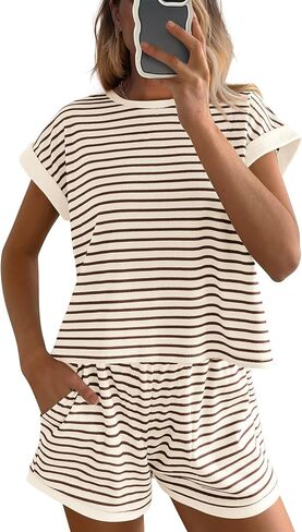 BTFBM Womens Striped Knit Sets 2 Piece Outfits 2025 Summer Short Sleeve Tops Elastic Waist Shorts Lounge Sets Pockets in Saudi Arabia