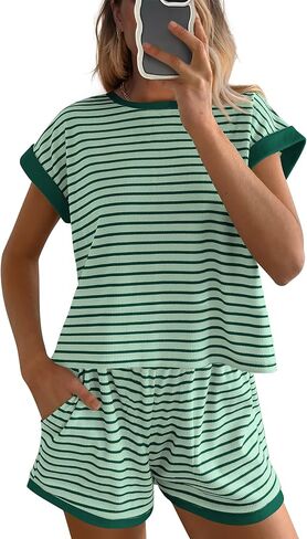 BTFBM Womens Striped Knit Sets 2 Piece Outfits 2025 Summer Short Sleeve Tops Elastic Waist Shorts Lounge Sets Pockets in Saudi Arabia