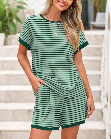BTFBM Womens Striped Knit Sets 2 Piece Outfits 2025 Summer Short Sleeve Tops Elastic Waist Shorts Lounge Sets Pockets in Saudi Arabia