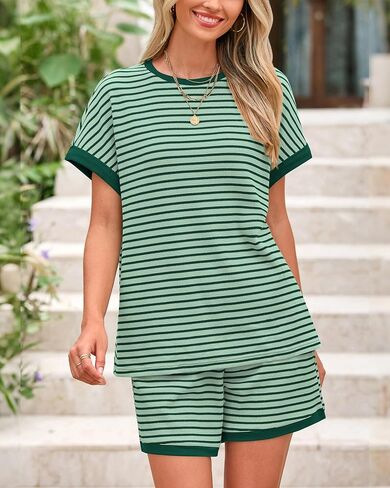 BTFBM Womens Striped Knit Sets 2 Piece Outfits 2025 Summer Short Sleeve Tops Elastic Waist Shorts Lounge Sets Pockets in Saudi Arabia