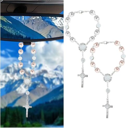 2PCS Car Rearview Mirror Rosary, Cross Blessing Rosary Decoration, Personalized Rear View Mirror Charm, Car Interior Accessories, Auto Hanging Pendant for Men Women (White) in Saudi Arabia