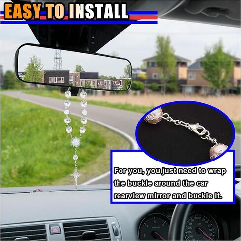 2PCS Car Rearview Mirror Rosary, Cross Blessing Rosary Decoration, Personalized Rear View Mirror Charm, Car Interior Accessories, Auto Hanging Pendant for Men Women (White) in Saudi Arabia
