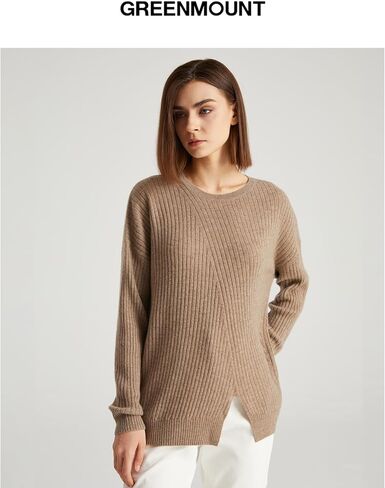 GreenMount Women's Crew-Neck Cashmere Sweater with Split Hem Oversize Dropped Shoulders 100% Pure Cashmere Sweater in Saudi Arabia