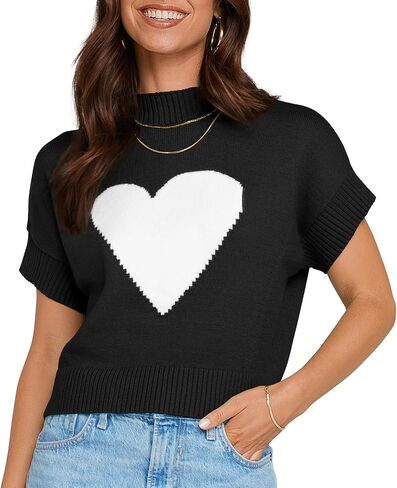 TARSE Womens Cropped Sweater Vest Casual Mock Neck Loose Fit Knit Sweater Pullover Top Trendy Cute Heart Cap Sleeve Tops in Saudi Arabia