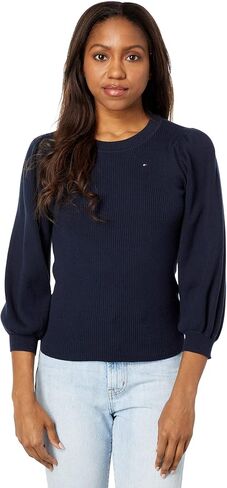 Tommy Hilfiger Womens Plus Cotton Puff Sleeve Crewneck Sweater Navy L in Saudi Arabia