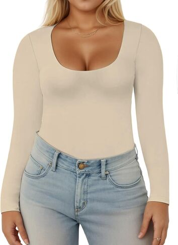 VISLILY Womens-Plus-Size-Long-Sleeve-Shirts Scoop Neck Tops Tight Slim Fit Undershirts Lightweight Thermal Basic Tee XL-5XL in Kuwait