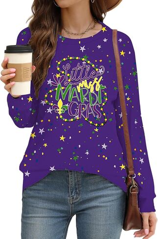 LAZYCHILD Mardi Gras Shirts for Women: Mardi Gras Outfit Fat Tuesday Carnival T-Shirts Mardi Gras Long Sleeve Tops in Saudi Arabia