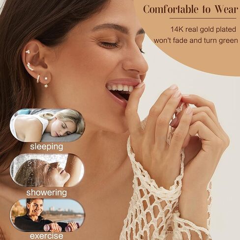 925 Sterling Silver Earrings for Women Trendy - 14K Gold Plated Earrings Set for Multiple Piercing Hypoallergenic Earrings Stacks for Sensitive Ears Dainty Gold Cartilage Earring Studs Pack Small Tragus Helix Cartilage Piercing Jewelry in Kuwait