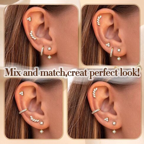 925 Sterling Silver Earrings for Women Trendy - 14K Gold Plated Earrings Set for Multiple Piercing Hypoallergenic Earrings Stacks for Sensitive Ears Dainty Gold Cartilage Earring Studs Pack Small Tragus Helix Cartilage Piercing Jewelry in Kuwait