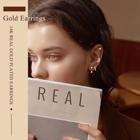 925 Sterling Silver Earrings for Women Trendy - 14K Gold Plated Earrings Set for Multiple Piercing Hypoallergenic Earrings Stacks for Sensitive Ears Dainty Gold Cartilage Earring Studs Pack Small Tragus Helix Cartilage Piercing Jewelry in Kuwait