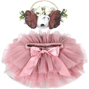 Newborn Photography Outfits Girl Soft Fluffy Baby Girls Tutu Skirt with Diaper Cover, Cute Pink Ruffle Tulle Newborn Tutu Dress Sets with Flower Headband 0-6 Months Baby Shower Decor Best Gift