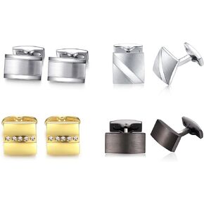 HONEY BEAR Rectangle Cufflinks Set 4pcs for Mens Steel Business Wedding Gift (4pcs set with box)