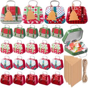 Pickmesh 24 Pcs Christmas Mini Suitcase Boxes Party Favor Gift Box Tiny Suitcase Tin Candy Box with Labels and Rope for Christmas Party Decoration