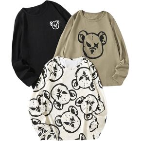 SweatyRocks Boy's 3 Pack T Shirts Long Sleeve Cartoon Graphic Crew Neck Loose Tee Tops