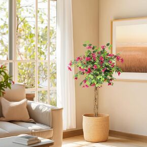 6FT Artificial Bougainvillea Tree, Tall Potted Fake Bougainvillea Trees, Faux Tree with Wood Trunk and Pink Flowers for Outdoor Indoor