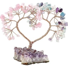 TUMBEELLUWA Crystal Stones Money Tree with Natural Amethyst Cluster Base Handmade Heart Love Figurine Bonsai Tree for Good Luck and Wealth, Amethyst