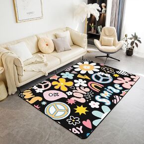 Retro 60S 70S Floral Living Room Rugs 3x5, Vintage Groovy Daisy Flower Area Rug Non Shedding, Bohemian Aesthetic Y2K Style Carpet Non Slip, Bright Colorful Trendy Floral Decorative Washable Rug