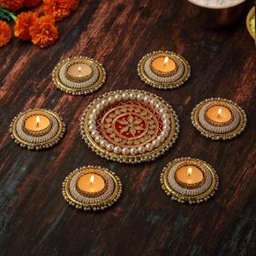 12 Pc Pooja Decor Set (7 Pc Floor Rangoli, 4 Wall Hanging Frills, 1 Happy Diwali Banner), Shubh Labh, Designer Rangoli with Tea Light Holder, Diwali Decorations For Home, Diwali Decor, Diwali Gifts