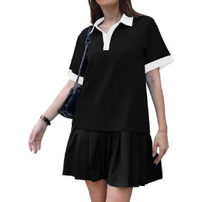 ETCYY NEW Summer Dresses for Women 2025 Striped Colorblock Mini Dress Polo Collar Tshirt Dress