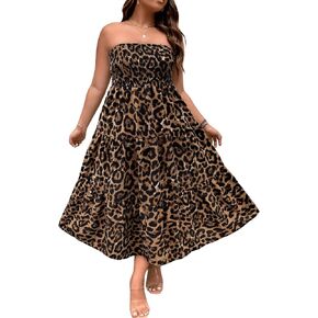 Floerns Women's Plus Size Sleeveless Leopard Print Shirred Tube Ruffle Hem A Line Dress