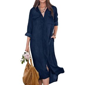 chouyatou Women's Summer Casual Denim Shirt Dress Roll Up Long Sleeve Loose Maxi Shift Jean Dress