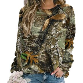 Autumn Hunting Tree Camo Pattern Women's Casual Pullover Raglan Round Neck Long Sleeve Sweatshirts T-Shirt