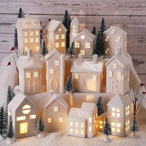 Zubebe 30 Pcs LED Christmas Village House Set - Holiday Village Porcelain Figurines and Buildings for Indoor Decor