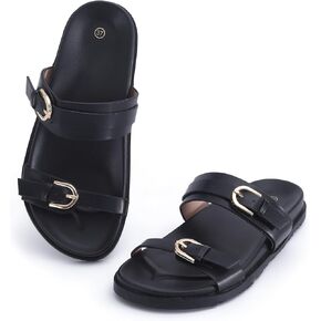 Women's Sandal Slide, Handmade Handmade Soft Cushioned Footbed Open Toe Slides, Adjustable Slip On Flat, Size 7-10