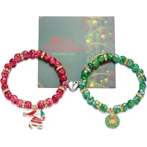 2Pcs Christmas Love Heart Matching Charm Bracelets for Couple Colorful Santa Claus Christmas Tree Snowflake Beaded Stretch Bracelets for Women Men Relationship Matching Jewelry Xmas Gifts