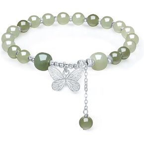 Sterling Silver Beaded Bracelets for Women S925 Silver Green Gemstone Bead Butterfly Stretch Bracelet Mom Birthday