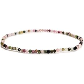 JM Design 1 Piece Per Bag 2mm Trendy Healing Genuine Real Multi-Color Tourmaline Faceted Round Beads Beaded Elastic Bracelets 7.5'' Length for Women Men