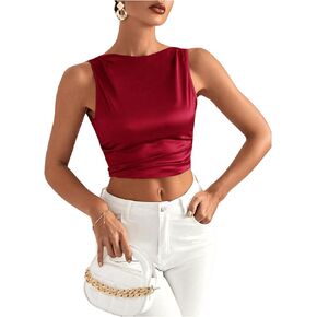 MakeMeChic Women's Party Crop Tops Satin Tie Back Ruched Boat Neck Sparkle Silk Tank Tops Shirts