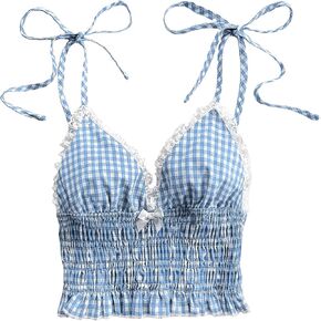 WDIRARA Women's Gingham Y2k Cami Crop Tops Coquette Plaid Contrast Lace V Neck Camisole Tops