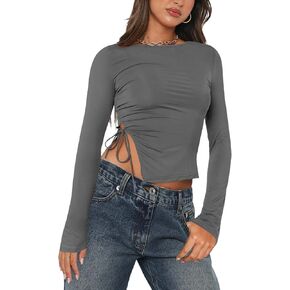 Women's Casual Crop Top Crew Neck Asymmetrical Hem Slim Fit Going Out Shirt