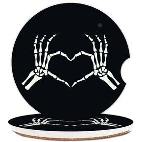 2 Pack Absorbent Car Cup Holder Coasters,2.64 Inches Luxury Ceramic Car Insert Coasters with Fingertip Grip for Easy Removal,Brilliant Vehicle Accessories for Men & Women (Skeleton Hand)