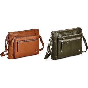 Pack of 2 Small Soft Pebbled Real Leather Crossbody Handbags and Purses - Triple Zip Premium Sling Crossover Shoulder Bag for Women (Cognac Nappa And Olive Nappa)