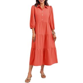 Wenrine Womens Casual 3/4 Sleeve Shirt Dress Button Down V Neck Tiered Collared Flowy Maxi Dress
