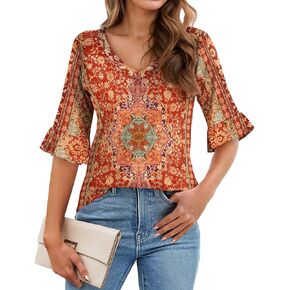 Zeagoo Womens Tops Casual V Neck Shirts Floral Solid Blouse Ruffle Tunics 3/4 Sleeve Tshirt S-XXL
