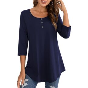 BAISHENGGT Women's 3/4 Sleeve Tunic Tops Floral Print Casual Flare Swing Blouse Buttons Up T Shirts