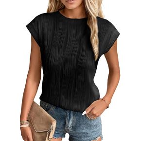 Women's Short Sleeve Textured Tops Summer Crew Neck Dressy Knitted Solid Shirts