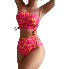 WDIRARA Women's Drawstring Side Halter Bikini Swimsuit Two Piece Printed Bathing Suit