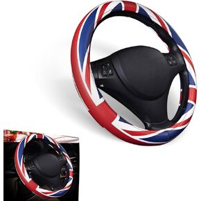 1 PC Car Steering Wheel Cover, 38cm British Flag Design Breathable Leather Rubber Inner Ring Steering Wheel Cover, Personalized Modification Accessories, Suitable for Most Models (Red & Blue)