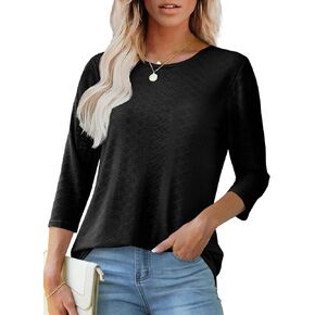 OFEEFAN 3/4 Length Sleeve Womens Tops Dressy Casual Spring Summer Round Neck Loose Fit Casual Eyelet Shirts