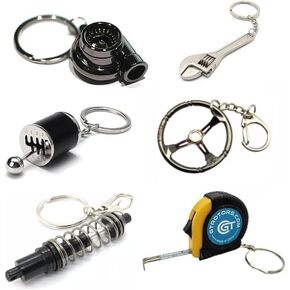 GT//Rotors Six Piece Auto Keychains - Gunmetal Turbo + Six Speed Shift Gearbox + Mini Tape Measurement + Steering Wheel + Shock Absorber + Silver Wrench