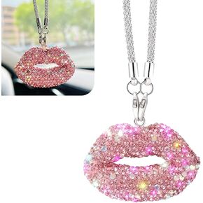 1 PC Bling Car Interior Pendant, 1.3" x 1.9" Diamond Inlaid Sexy Lips Personalized Decoration with 7.87" Lanyard, Rearview Mirror Pendant for Valentine's Day Gift, Universal for Cars (Pink)